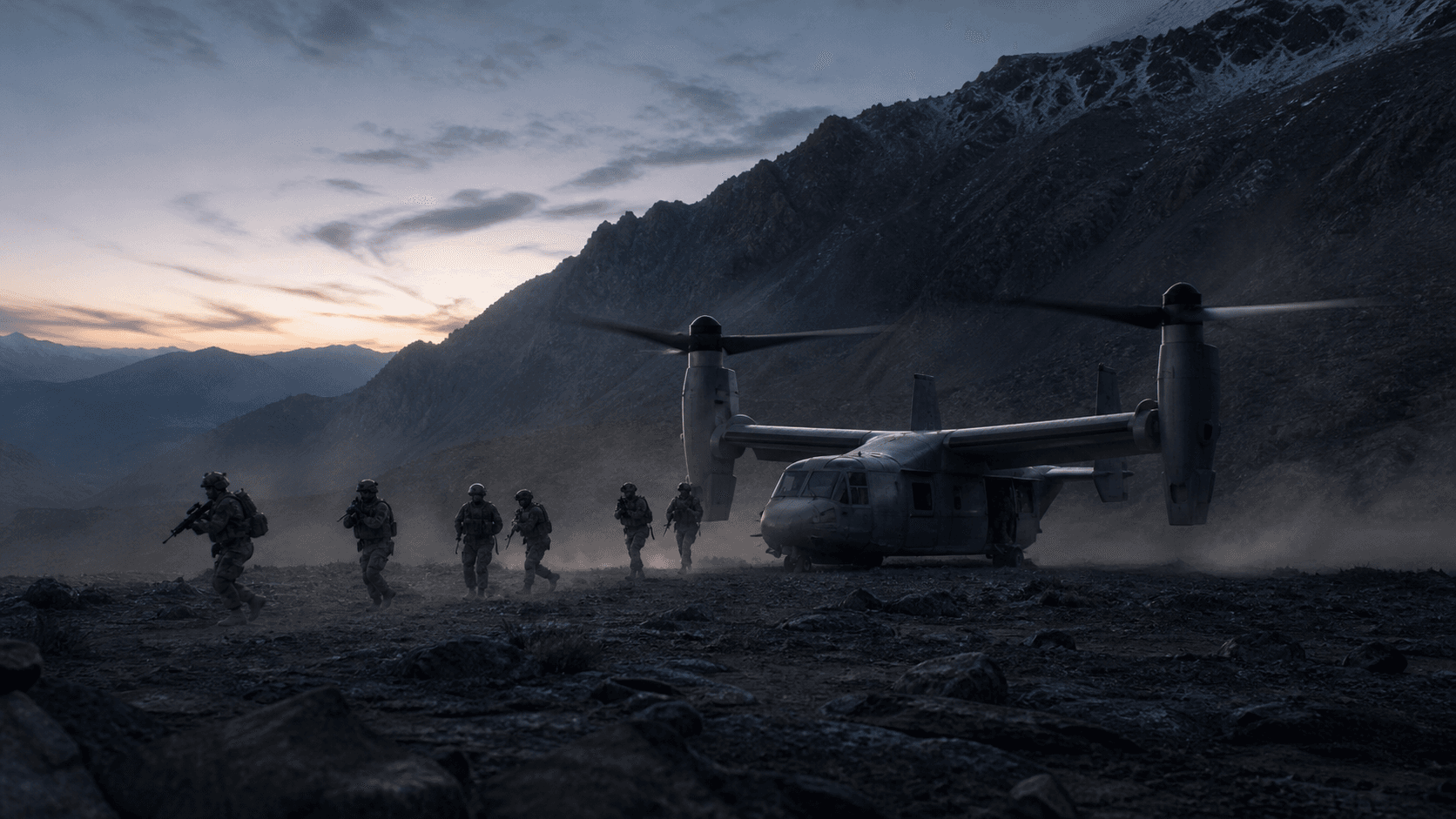 A special operations team moving away from an unmarked tiltrotor aircraft in a mountain valley