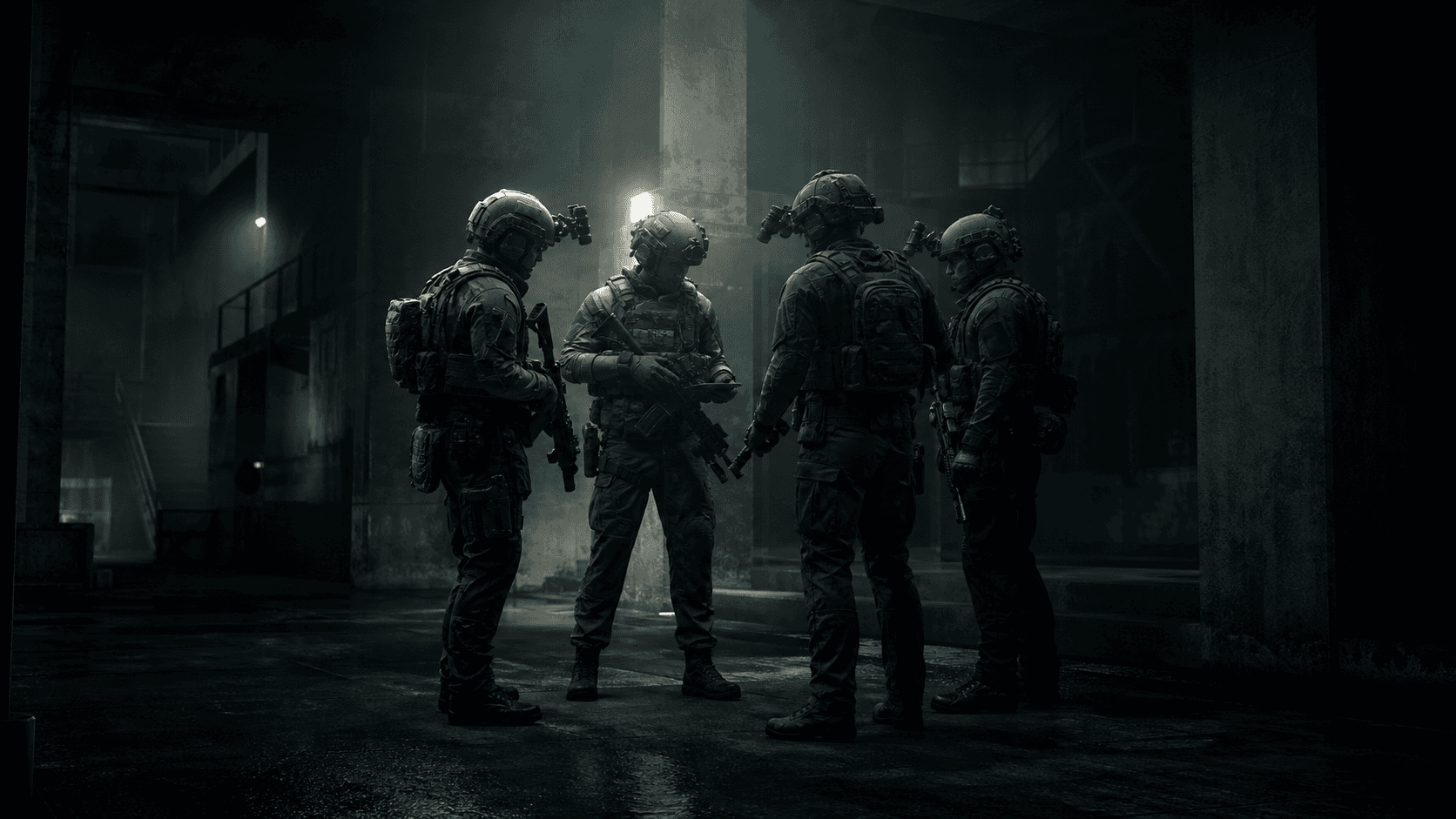 A special operations team preparing together in a dark industrial facility