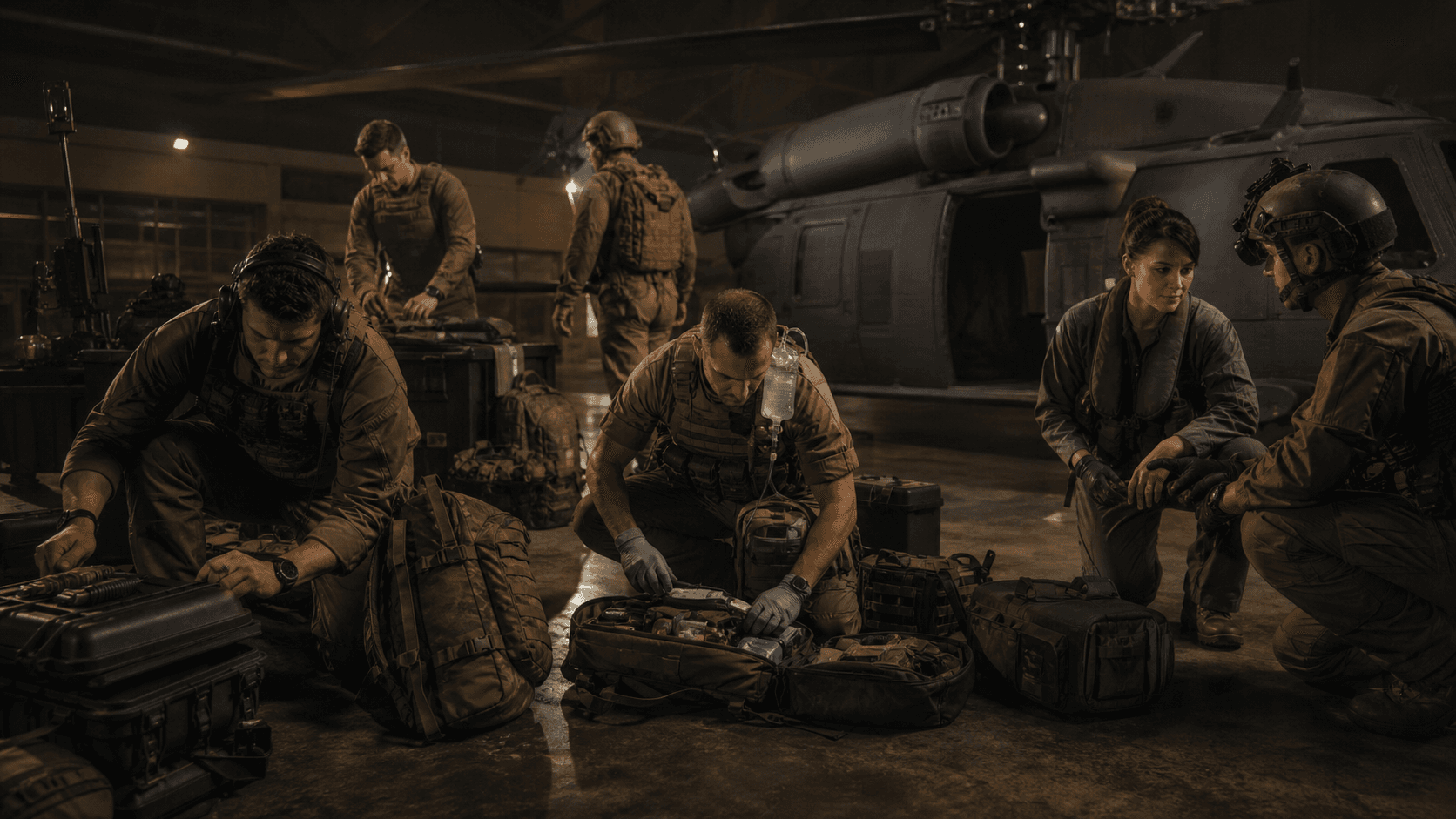 Ground, medical, aviation, and support personnel preparing equipment together in a hangar