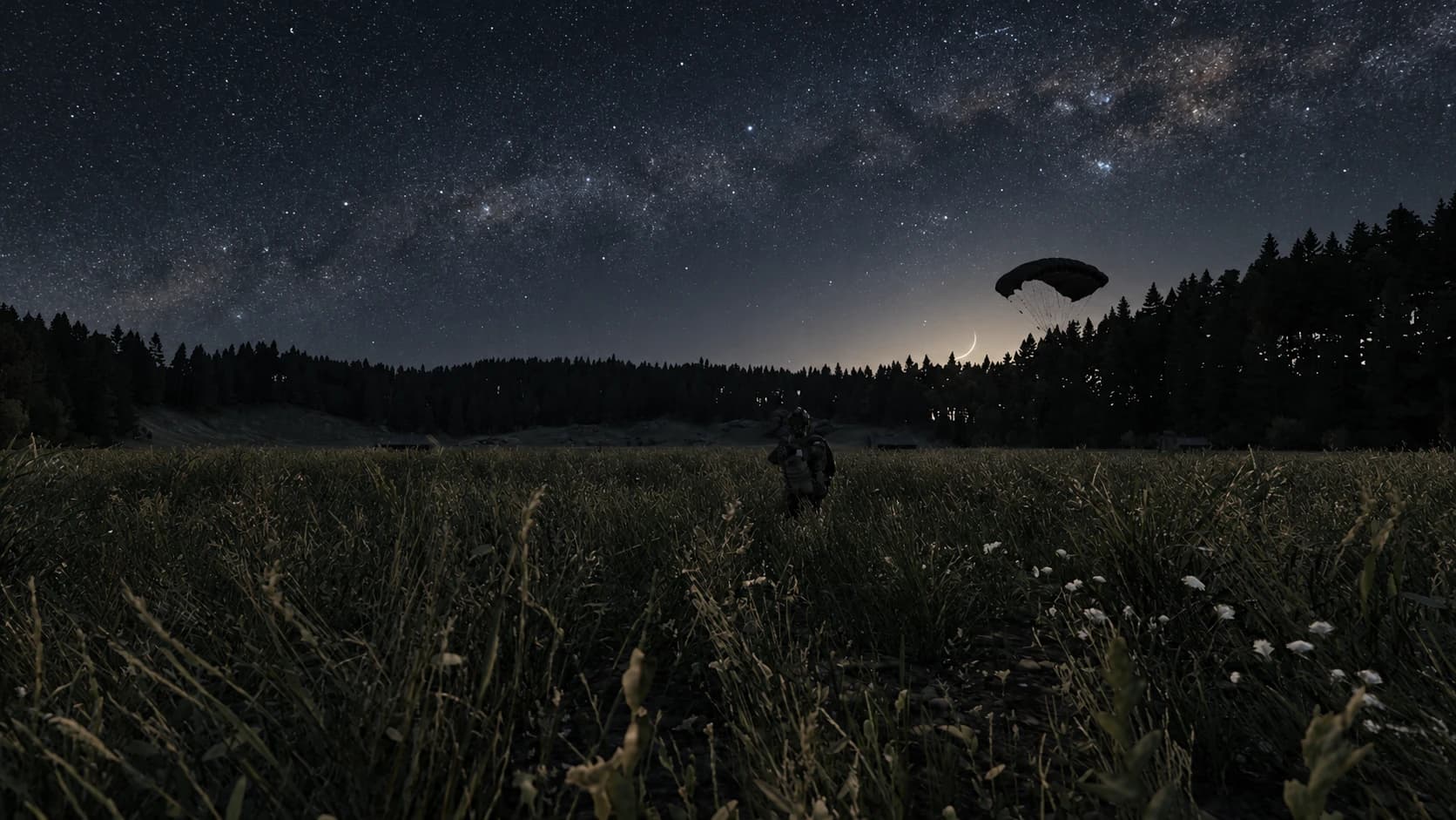 Night-vision view of a parachute insertion