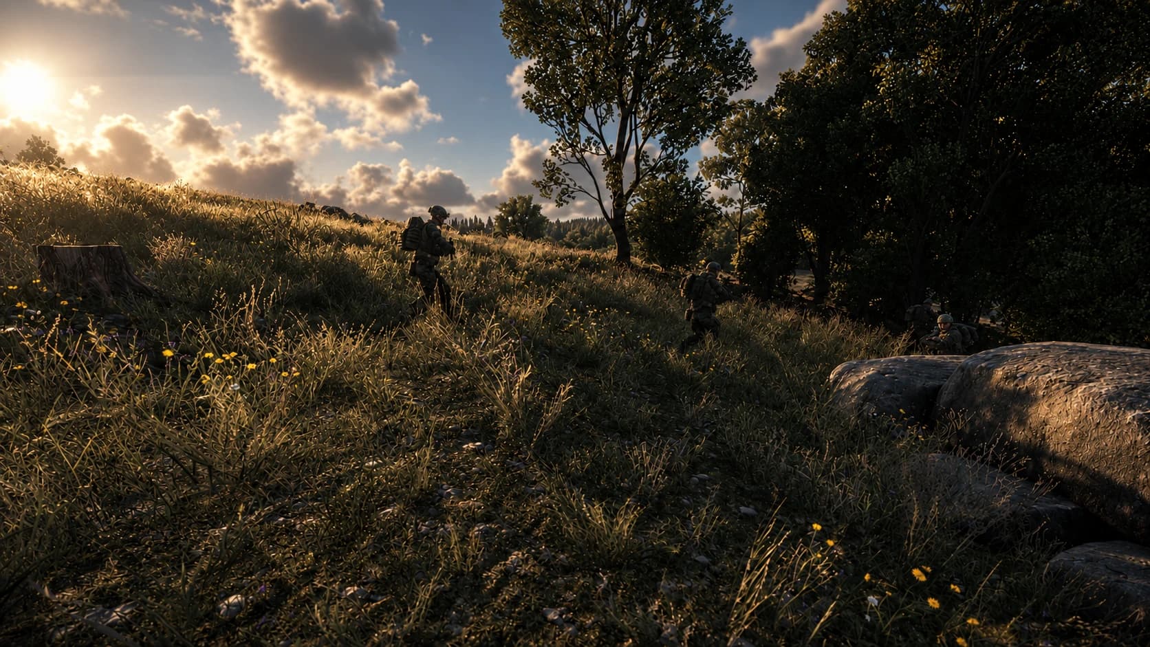 Task force members moving through woodland at sunset
