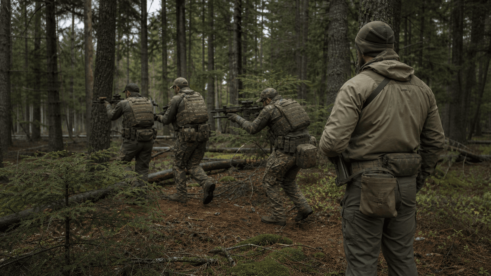 Candidates practicing coordinated movement under an instructor in woodland terrain